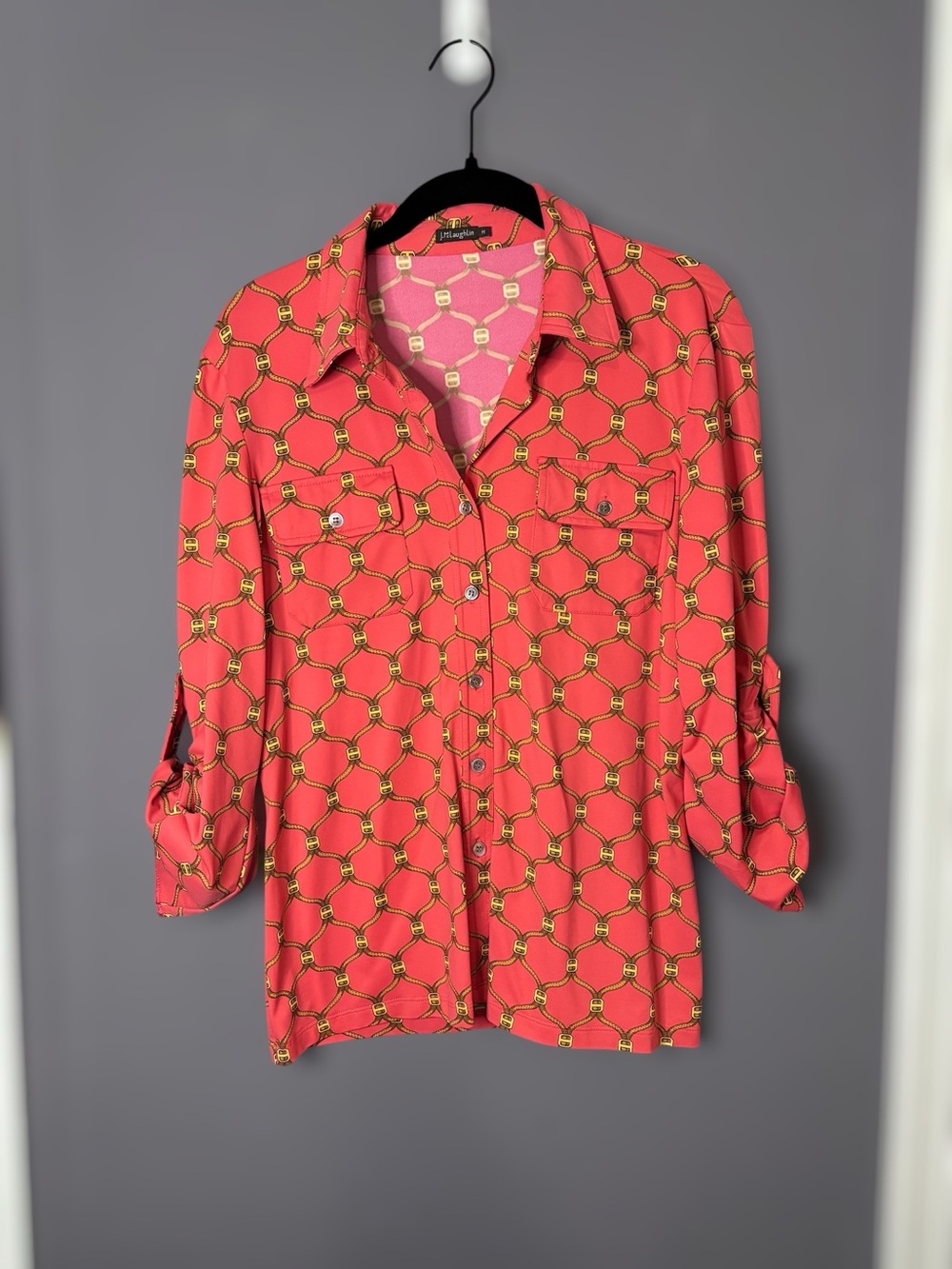 J. McLaughlin Catalina Cloth Coral Equestrian Chain Rope Print Shirt Medium